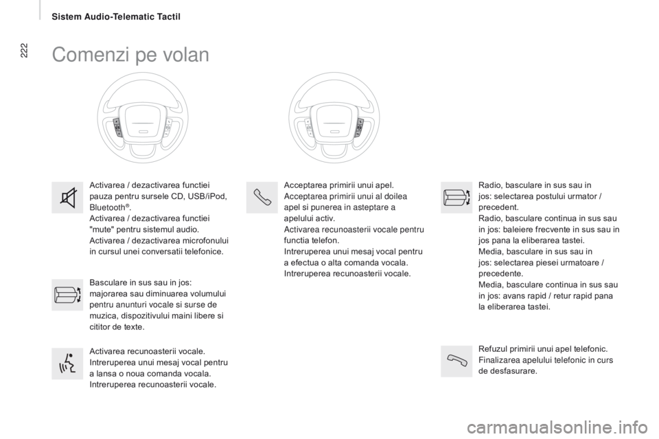 CITROEN JUMPER 2017  Ghiduri De Utilizare (in Romanian) 222
Jumper_ro_Chap11a_Autoradio-Fiat-tactile-1_ed01-2016
Comenzi pe volan
Activarea / dezactivarea functiei 
pauza pentru sursele CD, USB/iPod, 
Bluetooth
®.
Activarea / dezactivarea functiei 
"m