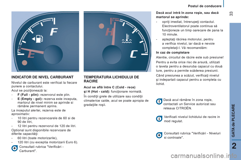 CITROEN JUMPER 2017  Ghiduri De Utilizare (in Romanian)  33
Jumper_ro_Chap02_Pret-a-Partir_ed01-2016
IndIcAtor de nIV e L c A r B ur A nt
nivelul de carburant este verificat la fiecare 
punere a contactului.
Acul se poziţionează la:
-
 
F (Full - plin):
