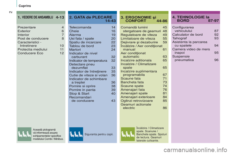 CITROEN JUMPER 2016 Ghiduri De Utilizare (in Romanian) 2
jumper_ro_Chap00a_Sommaire_ed01-2015
Comandă lumini 45 stergatoare de geamuri 4 8
Regulatoare de viteza
49
Limitatoare de viteza
55
Dejivrare şi dezaburire
59
Încălzire /
Aer condiţio CITROEN JUMPER 2016 Ghiduri De Utilizare (in Romanian) 2
jumper_ro_Chap00a_Sommaire_ed01-2015
Comandă lumini 45 stergatoare de geamuri 4 8
Regulatoare de viteza
49
Limitatoare de viteza
55
Dejivrare şi dezaburire
59
Încălzire /
Aer condiţio