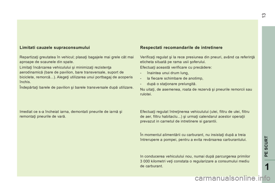 CITROEN JUMPER 2015 Ghiduri De Utilizare (in Romanian) 13
1
PE SCURT
JUMPER-PAPIER_RO_CHAP01_COUP D OEIL_ED01-2014
Limitati cauzele supraconsumului
Repartizaţi greutatea în vehicul; plasaţi bagajele mai grele cât mai
aproape de scaunele din s CITROEN JUMPER 2015 Ghiduri De Utilizare (in Romanian) 13
1
PE SCURT
JUMPER-PAPIER_RO_CHAP01_COUP D OEIL_ED01-2014
Limitati cauzele supraconsumului
Repartizaţi greutatea în vehicul; plasaţi bagajele mai grele cât mai
aproape de scaunele din s