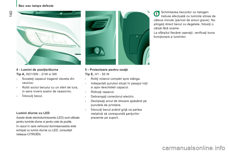 CITROEN JUMPER 2015 Ghiduri De Utilizare (in Romanian) Bec sau lampa defecte
140
JUMPER-PAPIER_RO_CHAP08_AIDE RAPIDE_ED01-2014
Schimbarea becurilor cu halogen
trebuie efectuată cu luminile stinse de
câteva minute (pericol de arsuri grave). CITROEN JUMPER 2015 Ghiduri De Utilizare (in Romanian) Bec sau lampa defecte
140
JUMPER-PAPIER_RO_CHAP08_AIDE RAPIDE_ED01-2014
Schimbarea becurilor cu halogen
trebuie efectuată cu luminile stinse de
câteva minute (pericol de arsuri grave).