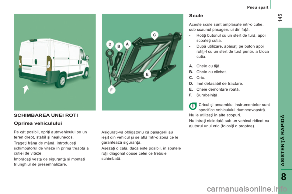 CITROEN JUMPER 2015 Ghiduri De Utilizare (in Romanian) Pneu spart
145
ASISTENŢĂ RAPIDĂ
8
JUMPER-PAPIER_RO_CHAP08_AIDE RAPIDE_ED01-2014
Oprirea vehiculului
Pe cât posibil, opriţi autovehiculul pe un
teren drept, stabil şi nealunecos.
CITROEN JUMPER 2015 Ghiduri De Utilizare (in Romanian) Pneu spart
145
ASISTENŢĂ RAPIDĂ
8
JUMPER-PAPIER_RO_CHAP08_AIDE RAPIDE_ED01-2014
Oprirea vehiculului
Pe cât posibil, opriţi autovehiculul pe un
teren drept, stabil şi nealunecos.