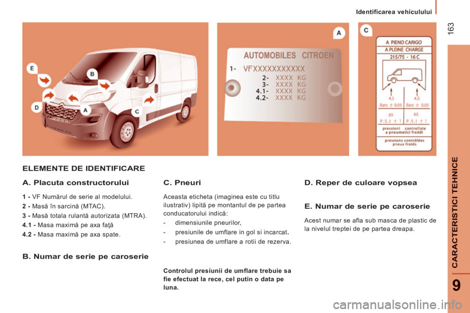 CITROEN JUMPER 2015 Ghiduri De Utilizare (in Romanian) Identificarea vehiculului
163
9
CARACTERISTICI TEHNICE
JUMPER-PAPIER_RO_CHAP09_CARACTERISTIQUES TECHNIQUES_ED01-2014
ELEMENTE DE IDENTIFICARE
A. Placuta constructorului
1 - VF Număr CITROEN JUMPER 2015 Ghiduri De Utilizare (in Romanian) Identificarea vehiculului
163
9
CARACTERISTICI TEHNICE
JUMPER-PAPIER_RO_CHAP09_CARACTERISTIQUES TECHNIQUES_ED01-2014
ELEMENTE DE IDENTIFICARE
A. Placuta constructorului
1 - VF Număr