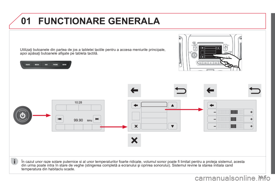 CITROEN JUMPER 2015  Ghiduri De Utilizare (in Romanian) 01
JUMPER-PAPIER_RO_CHAP10A_AUTORADIO_FIAT-TACTILE-1_ED01-2014
Utilizaţi butoanele din partea de jos a tabletei tactile pentru a accesa meniurile principale, apoi apăsaţi butoanele aﬁ şate pe ta