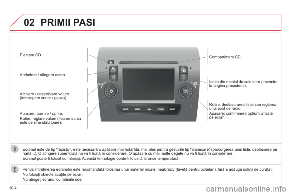 CITROEN JUMPER 2015  Ghiduri De Utilizare (in Romanian) 02
10.4
  Rotire: desfasurarea listei sau reglarea unui post de radio. 
 Apasare: conﬁ rmarea optiunii aﬁ sate pe  ecran.  
  Iesire din meniul de selectare / revenire la pagina precedenta.  
  Co