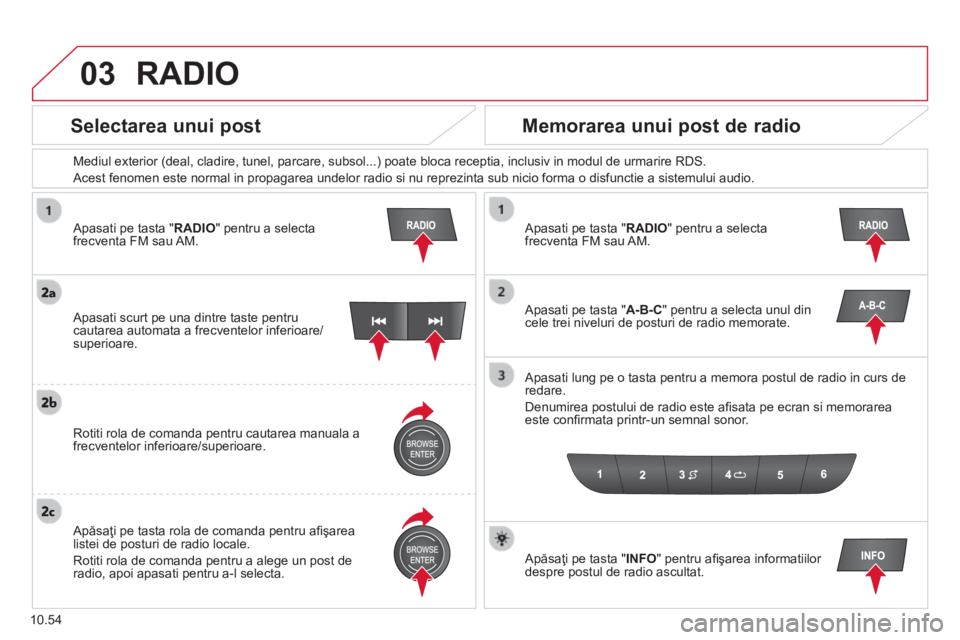 CITROEN JUMPER 2015 Ghiduri De Utilizare (in Romanian) 03
10.54
Apasati pe tasta " RADIO " pentru a selecta frecventa FM sau AM.
Mediul exterior (deal, cladire, tunel, parcare, subsol...) poate bloca receptia, inclusiv in modul de urmarire R CITROEN JUMPER 2015 Ghiduri De Utilizare (in Romanian) 03
10.54
Apasati pe tasta " RADIO " pentru a selecta frecventa FM sau AM.
Mediul exterior (deal, cladire, tunel, parcare, subsol...) poate bloca receptia, inclusiv in modul de urmarire R