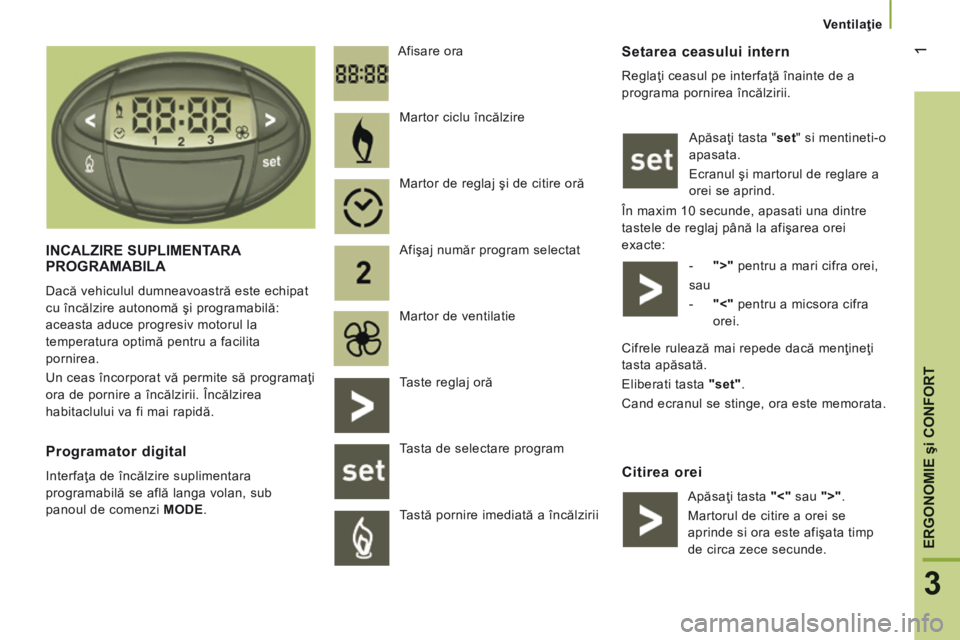 CITROEN JUMPER 2015  Ghiduri De Utilizare (in Romanian) 1
3
ERGONOMIE şi CONFORT
   Ventilaţie   
  Setarea ceasului intern 
 Reglaţi ceasul pe interfaţă înainte de a 
programa pornirea încălzirii.  Apăsaţi tasta "set" si mentineti-o 
apa