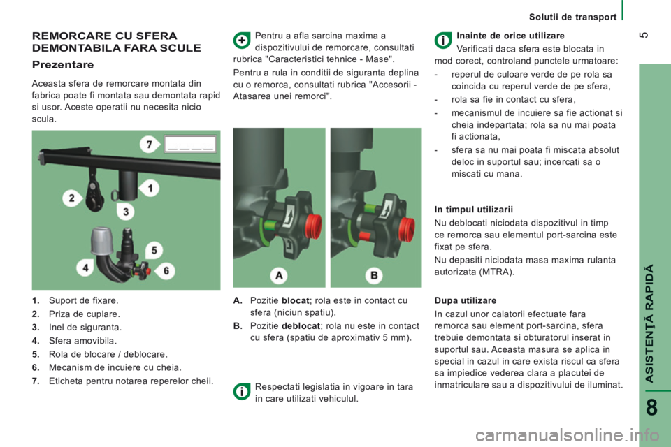 CITROEN JUMPER 2015  Ghiduri De Utilizare (in Romanian)  5
ASISTENŢĂ RAPIDĂ
8
   Solutii de transport   
 REMORCARE CU SFERA 
DEMONTABILA FARA SCULE 
  Prezentare 
  Aceasta sfera de remorcare montata din 
fabrica poate fi montata sau demontata rapid 
s