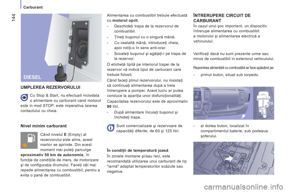 CITROEN JUMPER 2014  Ghiduri De Utilizare (in Romanian) 144
   
 
Carburant  
 
 
 
Nivel minim carburant 
 
Când nivelul  E 
 (Empty) al 
rezervorului este atins, acest 
martor se aprinde. Din acest 
moment mai puteţi parcurge 
  aproximativ 50 km de au