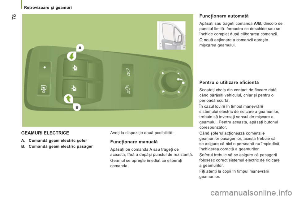 CITROEN JUMPER 2014 Ghiduri De Utilizare (in Romanian) 78
Retrovizoare şi geamuri
GEAMURI ELECTRICE
A.
Comandă geam electric şofer
B.
Comandă geam electric
pasager
Aveţi la dispoziţie două posibilităţi:
CITROEN JUMPER 2014 Ghiduri De Utilizare (in Romanian) 78
Retrovizoare şi geamuri
GEAMURI ELECTRICE
A.
Comandă geam electric şofer
B.
Comandă geam electric
pasager
Aveţi la dispoziţie două posibilităţi:
