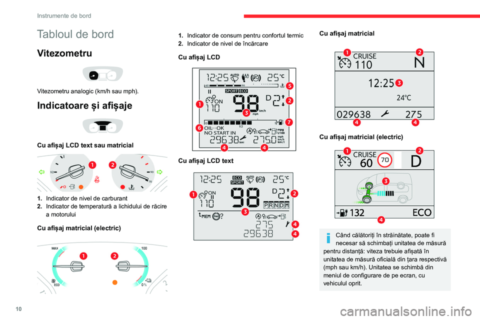 CITROEN JUMPER SPACETOURER 2021 Ghiduri De Utilizare (in Romanian) 10
Instrumente de bord
Tabloul de bord
Vitezometru
Vitezometru analogic (km/h sau mph).
Indicatoare și afișaje
Cu afișaj LCD text sau matricial
1.Indicator de nivel de carburant
2. Indicat CITROEN JUMPER SPACETOURER 2021 Ghiduri De Utilizare (in Romanian) 10
Instrumente de bord
Tabloul de bord
Vitezometru
Vitezometru analogic (km/h sau mph).
Indicatoare și afișaje
Cu afișaj LCD text sau matricial
1.Indicator de nivel de carburant
2. Indicat