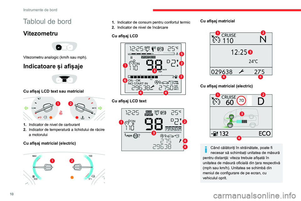 CITROEN JUMPER SPACETOURER 2021  Ghiduri De Utilizare (in Romanian) 10
Instrumente de bord
Tabloul de bord
Vitezometru 
 
Vitezometru analogic (km/h sau mph).
Indicatoare și afișaje 
 
Cu afișaj LCD text sau matricial 
 
1.Indicator de nivel de carburant
2. Indicat