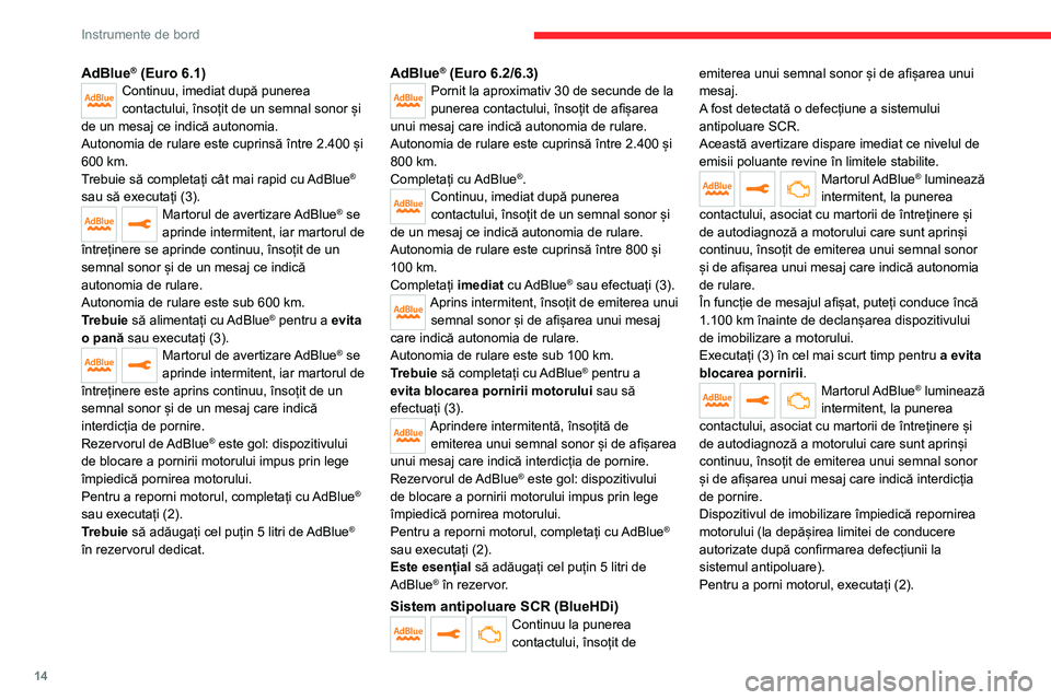 CITROEN JUMPER SPACETOURER 2021  Ghiduri De Utilizare (in Romanian) 14
Instrumente de bord
AdBlue® (Euro 6.1)Continuu, imediat după punerea 
contactului, însoțit de un semnal sonor și 
de un mesaj ce indică autonomia.
Autonomia de rulare este cuprinsă între 2.
