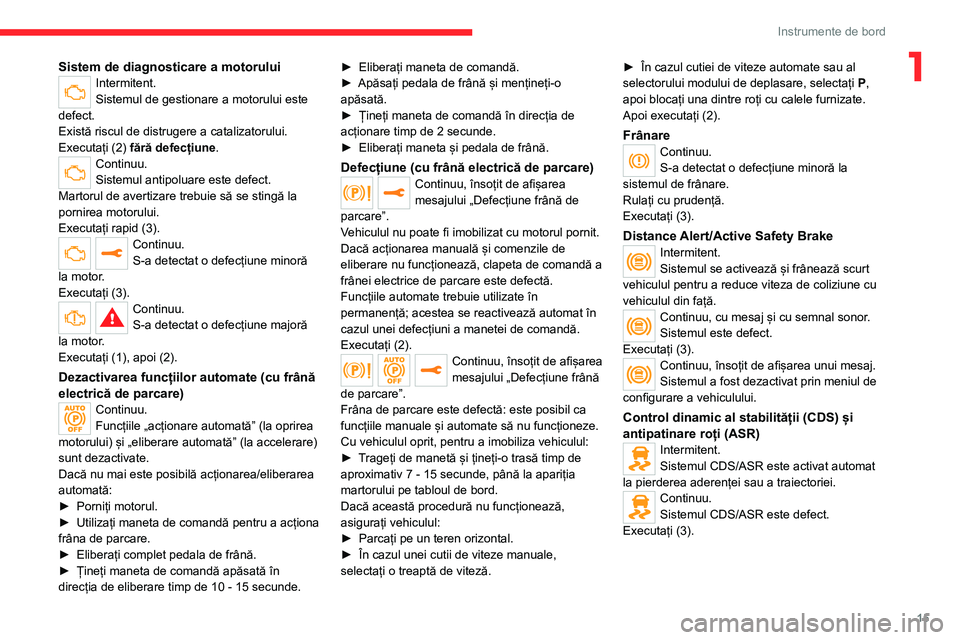 CITROEN JUMPER SPACETOURER 2021  Ghiduri De Utilizare (in Romanian) 15
Instrumente de bord
1Sistem de diagnosticare a motoruluiIntermitent.
Sistemul de gestionare a motorului este 
defect.
Există riscul de distrugere a catalizatorului.
Executați (2) fără defecțiu