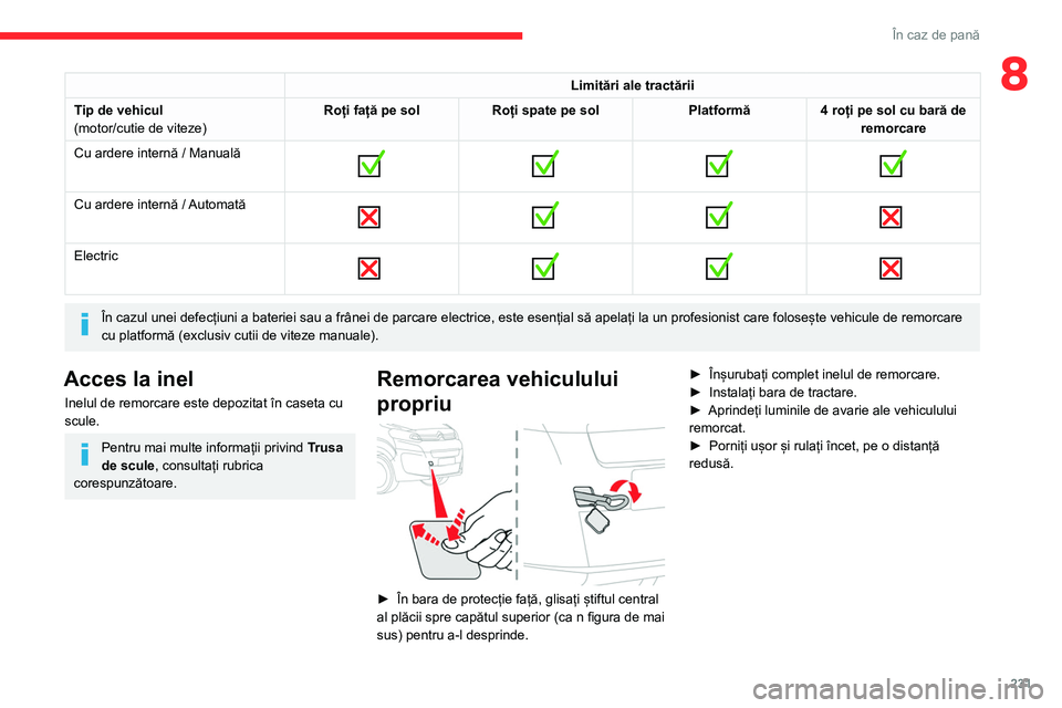 CITROEN JUMPER SPACETOURER 2021  Ghiduri De Utilizare (in Romanian) 231
În caz de pană
8Limitări ale tractării
Tip de vehicul
(motor/cutie de viteze) Roți față pe sol
Roți spate pe sol Platformă4 roți pe sol cu bară de 
remorcare
Cu ardere internă / Manual