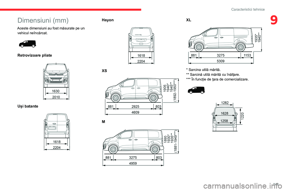 CITROEN JUMPER SPACETOURER 2021 Ghiduri De Utilizare (in Romanian) 241
Caracteristici tehnice
9Dimensiuni (mm)
Aceste dimensiuni au fost măsurate pe un vehicul neîncărcat.
Retrovizoare pliate
Uși batante
Hayon
XS
M
XL
* Sarcina utilă mărit CITROEN JUMPER SPACETOURER 2021 Ghiduri De Utilizare (in Romanian) 241
Caracteristici tehnice
9Dimensiuni (mm)
Aceste dimensiuni au fost măsurate pe un vehicul neîncărcat.
Retrovizoare pliate
Uși batante
Hayon
XS
M
XL
* Sarcina utilă mărit