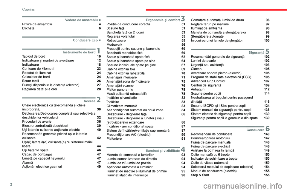 CITROEN JUMPER SPACETOURER 2021  Ghiduri De Utilizare (in Romanian) 2
Cuprins
  ■
Vedere de ansambluPrivire de ansamblu  4
Etichete  6
  ■
Conducere Eco
 1Instrumente de bordTabloul de bord  10
Indicatoare și martori de avertizare  12
Indicatoare  18
Contoare