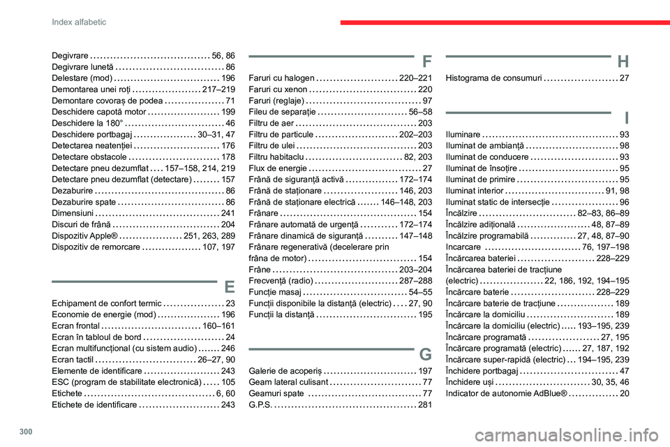 CITROEN JUMPER SPACETOURER 2021 Ghiduri De Utilizare (in Romanian) 300
Index alfabetic
Degivrare 56, 86
Degivrare lunetă
86
Delestare (mod)
196
Demontarea unei roți
217–219
Demontare covoraș de podea
71
Deschidere capotă motor
199
D CITROEN JUMPER SPACETOURER 2021 Ghiduri De Utilizare (in Romanian) 300
Index alfabetic
Degivrare 56, 86
Degivrare lunetă
86
Delestare (mod)
196
Demontarea unei roți
217–219
Demontare covoraș de podea
71
Deschidere capotă motor
199
D