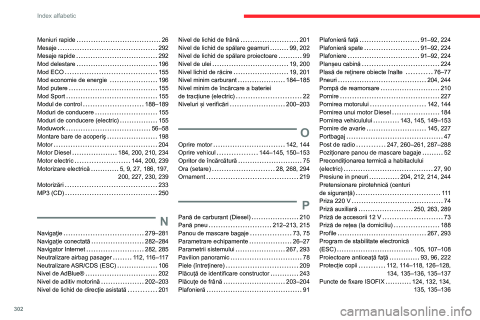 CITROEN JUMPER SPACETOURER 2021 Ghiduri De Utilizare (in Romanian) 302
Index alfabetic
Meniuri rapide 26
Mesaje
292
Mesaje rapide
292
Mod delestare
196
Mod ECO
155
Mod economie de energie
196
Mod putere
155
Mod Sport
155
Modul CITROEN JUMPER SPACETOURER 2021 Ghiduri De Utilizare (in Romanian) 302
Index alfabetic
Meniuri rapide 26
Mesaje
292
Mesaje rapide
292
Mod delestare
196
Mod ECO
155
Mod economie de energie
196
Mod putere
155
Mod Sport
155
Modul