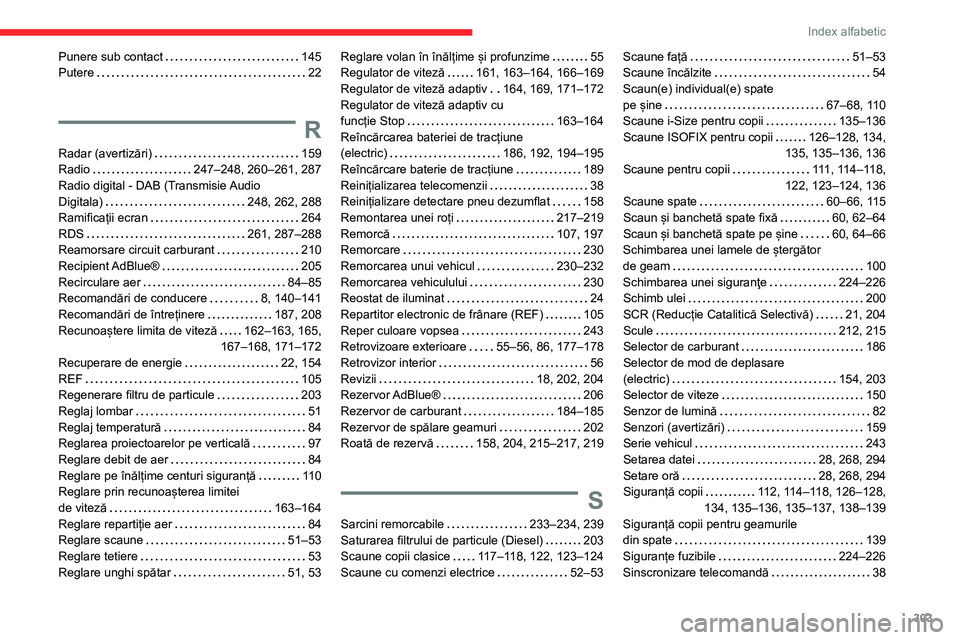 CITROEN JUMPER SPACETOURER 2021 Ghiduri De Utilizare (in Romanian) 303
Index alfabetic
Punere sub contact 145
Putere
22
R
Radar (avertizări) 159
Radio
247–248, 260–261, 287
Radio digital - DAB (Transmisie Audio
Digitala)
248, 262, 288
Ram CITROEN JUMPER SPACETOURER 2021 Ghiduri De Utilizare (in Romanian) 303
Index alfabetic
Punere sub contact 145
Putere
22
R
Radar (avertizări) 159
Radio
247–248, 260–261, 287
Radio digital - DAB (Transmisie Audio
Digitala)
248, 262, 288
Ram
