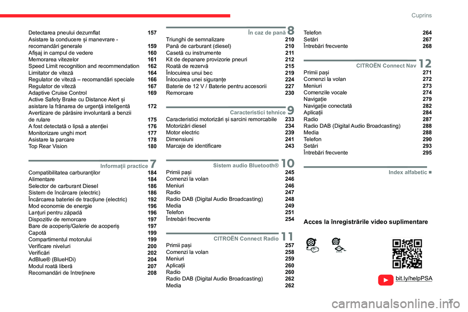 CITROEN JUMPER SPACETOURER 2021  Ghiduri De Utilizare (in Romanian) 3
Cuprins
  
  
 
 
 
 
Detectarea pneului dezumflat  157
Asistare la conducere și manevrare -   
recomandări generale 
 159
Afișaj in campul de vedere  160
Memorarea vitezelor  161
Speed Limit rec