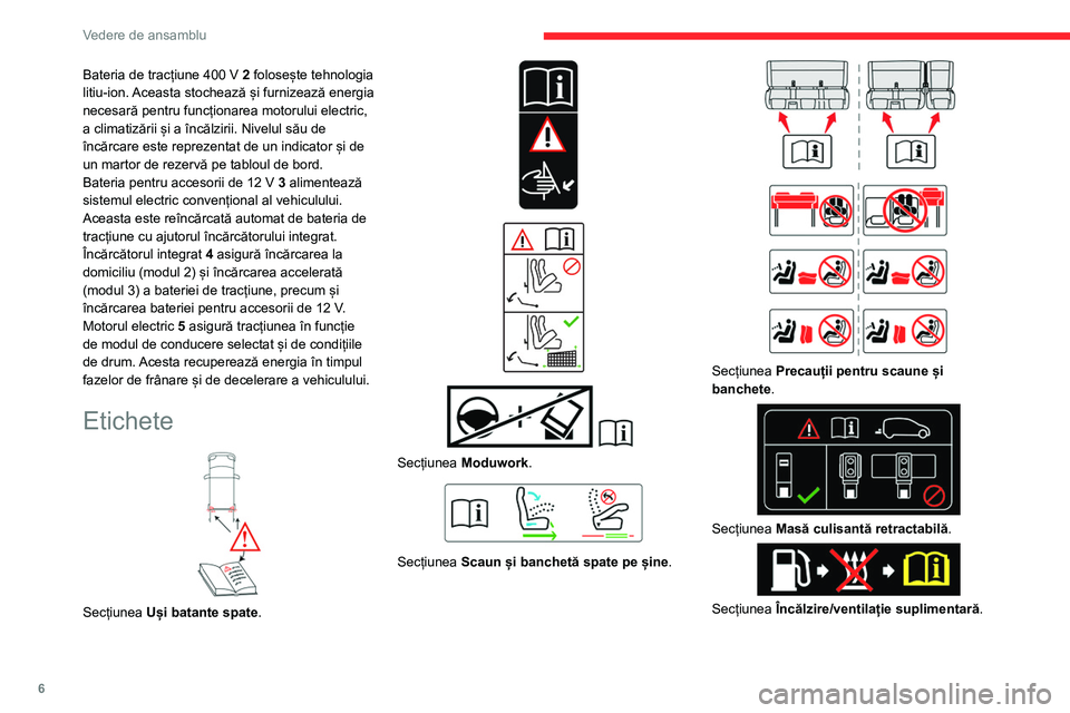 CITROEN JUMPER SPACETOURER 2021  Ghiduri De Utilizare (in Romanian) 6
Vedere de ansamblu
Bateria de tracțiune 400 V 2  folosește tehnologia 
litiu-ion. Aceasta stochează și furnizează energia 
necesară pentru funcționarea motorului electric, 
a climatizării ș