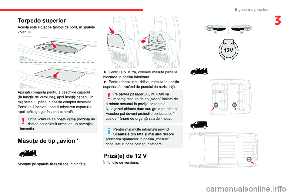 CITROEN JUMPER SPACETOURER 2021  Ghiduri De Utilizare (in Romanian) 73
Ergonomie și confort
3Torpedo superior
Acesta este situat pe tabloul de bord, în spatele 
volanului.
 
 
Apăsați comanda pentru a deschide capacul 
(în funcție de versiune), apoi însoțiți 