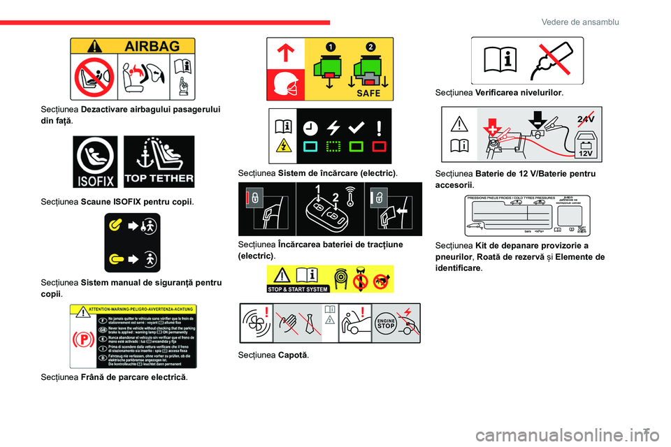 CITROEN JUMPER SPACETOURER 2021  Ghiduri De Utilizare (in Romanian) 7
Vedere de ansamblu
 
Secțiunea Dezactivare airbagului pasagerului 
din față.
 
 
Secțiunea  Scaune ISOFIX pentru copii . 
 
Secțiunea Sistem manual de siguranță pentru 
copii.
 
 
Secțiunea 
