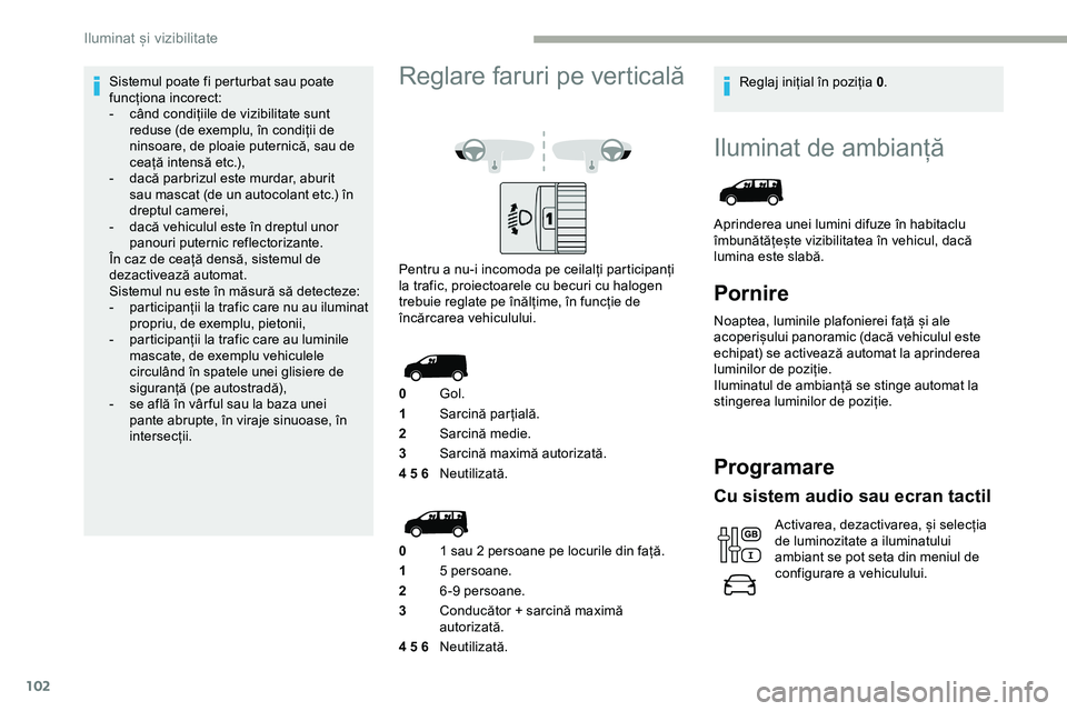 CITROEN JUMPER SPACETOURER 2020 Ghiduri De Utilizare (in Romanian) 102
Iluminat de ambianță
Aprinderea unei lumini difuze în habitaclu
îmbunătățește vizibilitatea în vehicul, dacă
lumina este slabă.
Pornire
Noaptea, luminile plafonierei față și ale
a CITROEN JUMPER SPACETOURER 2020 Ghiduri De Utilizare (in Romanian) 102
Iluminat de ambianță
Aprinderea unei lumini difuze în habitaclu
îmbunătățește vizibilitatea în vehicul, dacă
lumina este slabă.
Pornire
Noaptea, luminile plafonierei față și ale
a