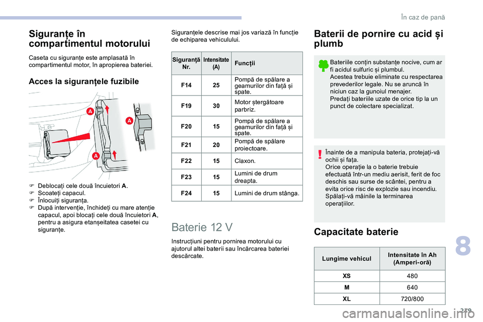 CITROEN JUMPER SPACETOURER 2020 Ghiduri De Utilizare (in Romanian) 219
Siguranțe în
compartimentul motorului
Caseta cu siguranțe este amplasată în
compartimentul motor, în apropierea bateriei.
Acces la siguranțele fuzibile
F Deblocați cele două încuietori CITROEN JUMPER SPACETOURER 2020 Ghiduri De Utilizare (in Romanian) 219
Siguranțe în
compartimentul motorului
Caseta cu siguranțe este amplasată în
compartimentul motor, în apropierea bateriei.
Acces la siguranțele fuzibile
F Deblocați cele două încuietori