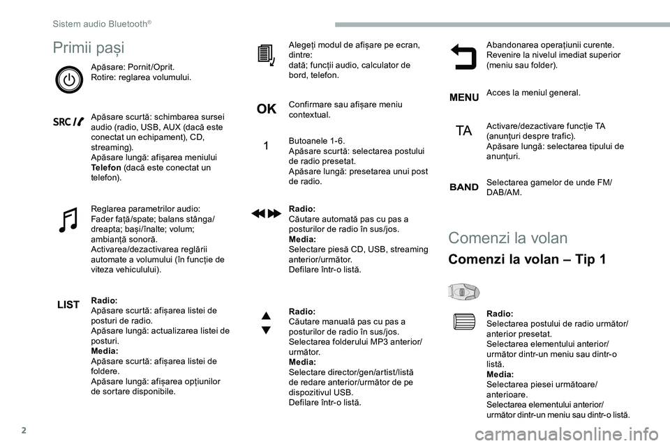 CITROEN JUMPER SPACETOURER 2020 Ghiduri De Utilizare (in Romanian) 2
Primii pași
Apăsare: Pornit/Oprit.
Rotire: reglarea volumului.
Apăsare scurtă: schimbarea sursei
audio (radio, USB, AUX (dacă este
conectat un echipament), CD,
streaming).
Apăsare lungă: a CITROEN JUMPER SPACETOURER 2020 Ghiduri De Utilizare (in Romanian) 2
Primii pași
Apăsare: Pornit/Oprit.
Rotire: reglarea volumului.
Apăsare scurtă: schimbarea sursei
audio (radio, USB, AUX (dacă este
conectat un echipament), CD,
streaming).
Apăsare lungă: a