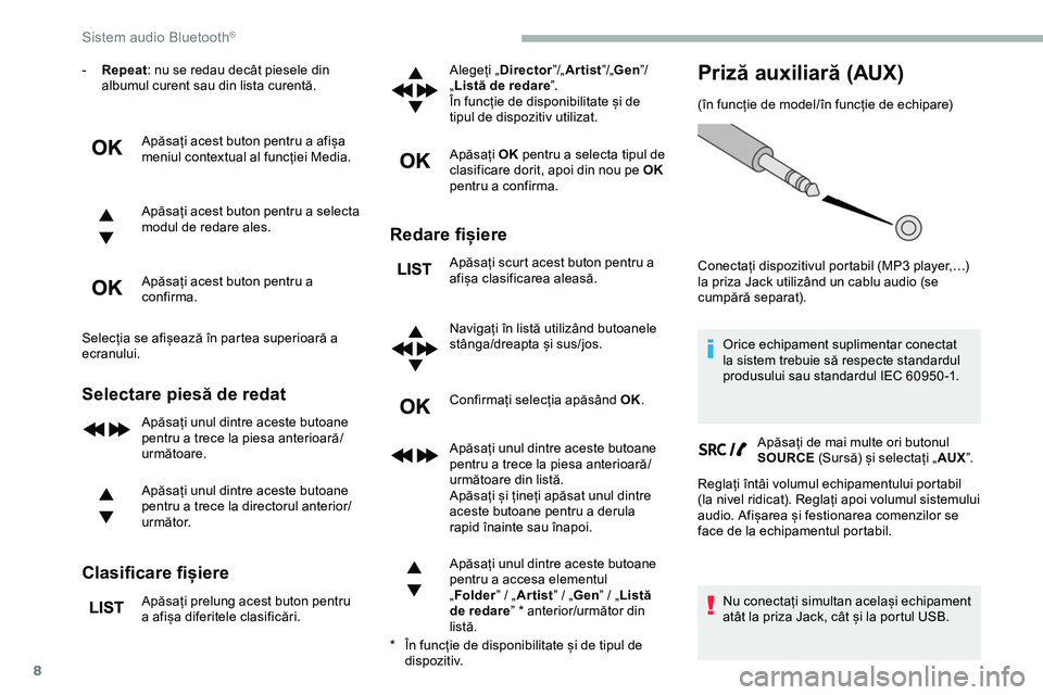 CITROEN JUMPER SPACETOURER 2020  Ghiduri De Utilizare (in Romanian) 8
- Repeat: nu se redau decât piesele din 
albumul curent sau din lista curentă.
Apăsați acest buton pentru a afișa 
meniul contextual al funcției Media.
Apăsați acest buton pentru a selecta 
