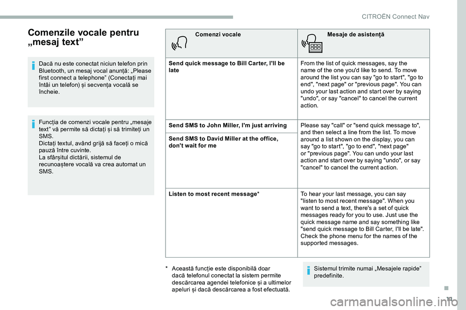 CITROEN JUMPER SPACETOURER 2020  Ghiduri De Utilizare (in Romanian) 11
Comenzile vocale pentru 
„mesaj text”
Dacă nu este conectat niciun telefon prin 
Bluetooth, un mesaj vocal anunță: „Please 
first connect a telephone” (Conectați mai 
întâi un telefon