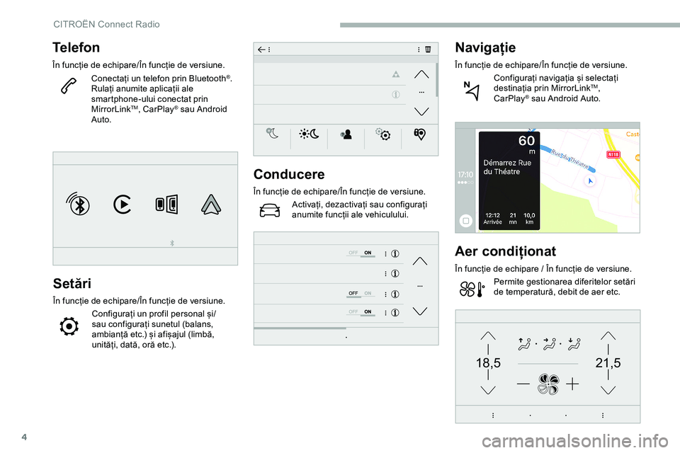 CITROEN JUMPER SPACETOURER 2020  Ghiduri De Utilizare (in Romanian) 4
21,518,5
Telefon
În funcție de echipare/În funcție de versiune.Conectați un telefon prin Bluetooth®.
Rulați anumite aplicații ale 
smartphone-ului conectat prin 
MirrorLink
TM, CarPlay® sau