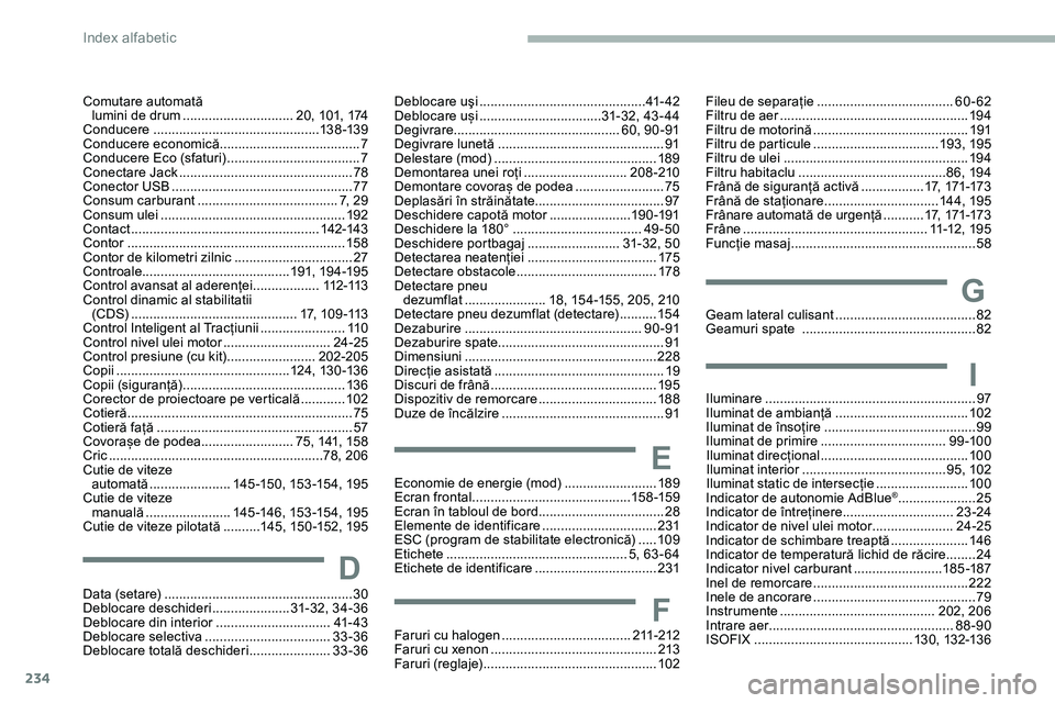 CITROEN JUMPER SPACETOURER 2020  Ghiduri De Utilizare (in Romanian) 234
G
I
Geam lateral culisant ......................................82
G eamuri spate  ............................................... 82
I
luminare
 ..............................
 ..................