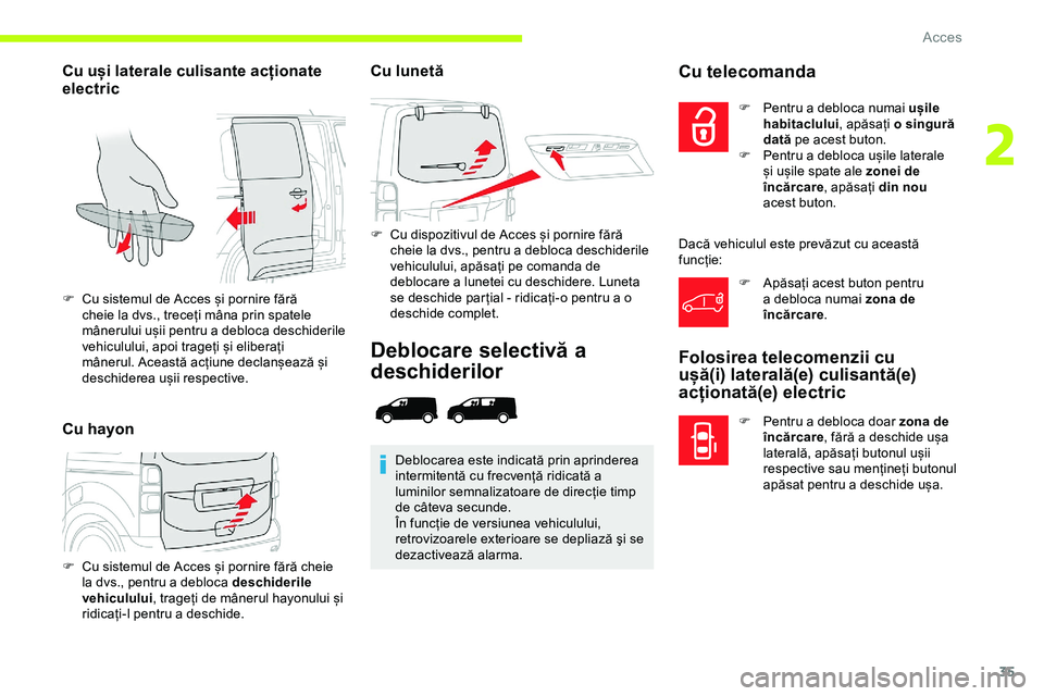 CITROEN JUMPER SPACETOURER 2020 Ghiduri De Utilizare (in Romanian) 35
Cu uși laterale culisante acționate
electric
Cu hayonCu lunetă
F Cu dispozitivul de Acces și pornire fără
cheie la dvs., pentru a debloca deschiderile
vehiculului, apăsați pe comanda de CITROEN JUMPER SPACETOURER 2020 Ghiduri De Utilizare (in Romanian) 35
Cu uși laterale culisante acționate
electric
Cu hayonCu lunetă
F Cu dispozitivul de Acces și pornire fără
cheie la dvs., pentru a debloca deschiderile
vehiculului, apăsați pe comanda de