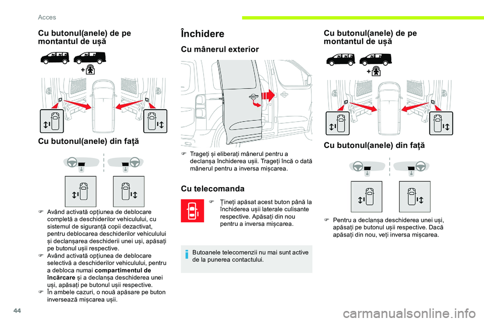 CITROEN JUMPER SPACETOURER 2020  Ghiduri De Utilizare (in Romanian) 44
Cu butonul(anele) de pe 
montantul de ușă
Cu butonul(anele) din față
F Având activată opțiunea de deblocare  completă a deschiderilor vehiculului, cu 
sistemul de siguranță copii dezactiv