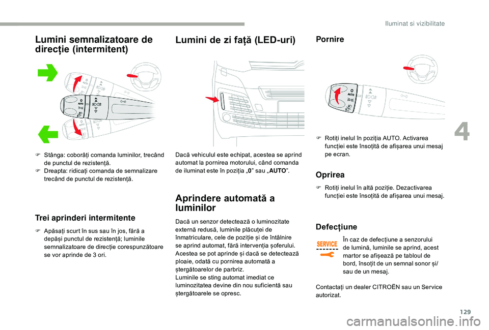 CITROEN JUMPER SPACETOURER 2018 Ghiduri De Utilizare (in Romanian) 129
Trei aprinderi intermitente
F Apăsați scurt în sus sau în jos, fără a depăși punctul de rezistență; luminile
semnalizatoare de direcție corespunzătoare
se vor aprinde de 3 ori.
Lumin CITROEN JUMPER SPACETOURER 2018 Ghiduri De Utilizare (in Romanian) 129
Trei aprinderi intermitente
F Apăsați scurt în sus sau în jos, fără a depăși punctul de rezistență; luminile
semnalizatoare de direcție corespunzătoare
se vor aprinde de 3 ori.
Lumin