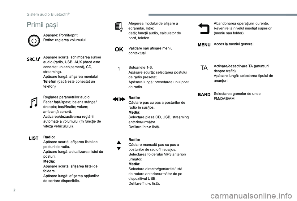 CITROEN JUMPER SPACETOURER 2018 Ghiduri De Utilizare (in Romanian) 2
Primii pași
Apăsare: Pornit/oprit.
Rotire: reglarea volumului.
Apăsare scurtă: schimbarea sursei
audio (radio, USB, AUX (dacă este
conectat un echipament), CD,
streaming).
Apăsare lungă: a CITROEN JUMPER SPACETOURER 2018 Ghiduri De Utilizare (in Romanian) 2
Primii pași
Apăsare: Pornit/oprit.
Rotire: reglarea volumului.
Apăsare scurtă: schimbarea sursei
audio (radio, USB, AUX (dacă este
conectat un echipament), CD,
streaming).
Apăsare lungă: a