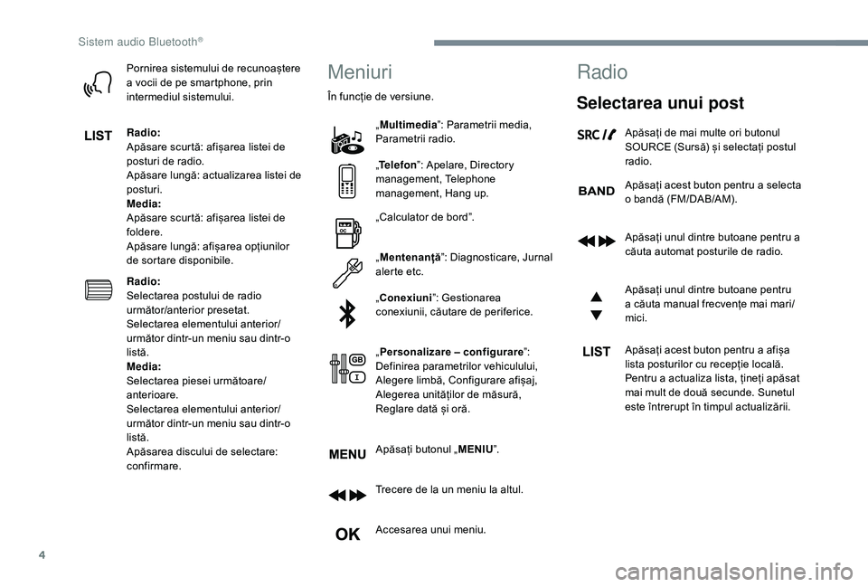 CITROEN JUMPER SPACETOURER 2018 Ghiduri De Utilizare (in Romanian) 4
Pornirea sistemului de recunoaștere
a vocii de pe smartphone, prin
intermediul sistemului.
Radio:
Apăsare scurtă: afișarea listei de
posturi de radio.
Apăsare lungă: actualizarea listei de CITROEN JUMPER SPACETOURER 2018 Ghiduri De Utilizare (in Romanian) 4
Pornirea sistemului de recunoaștere
a vocii de pe smartphone, prin
intermediul sistemului.
Radio:
Apăsare scurtă: afișarea listei de
posturi de radio.
Apăsare lungă: actualizarea listei de