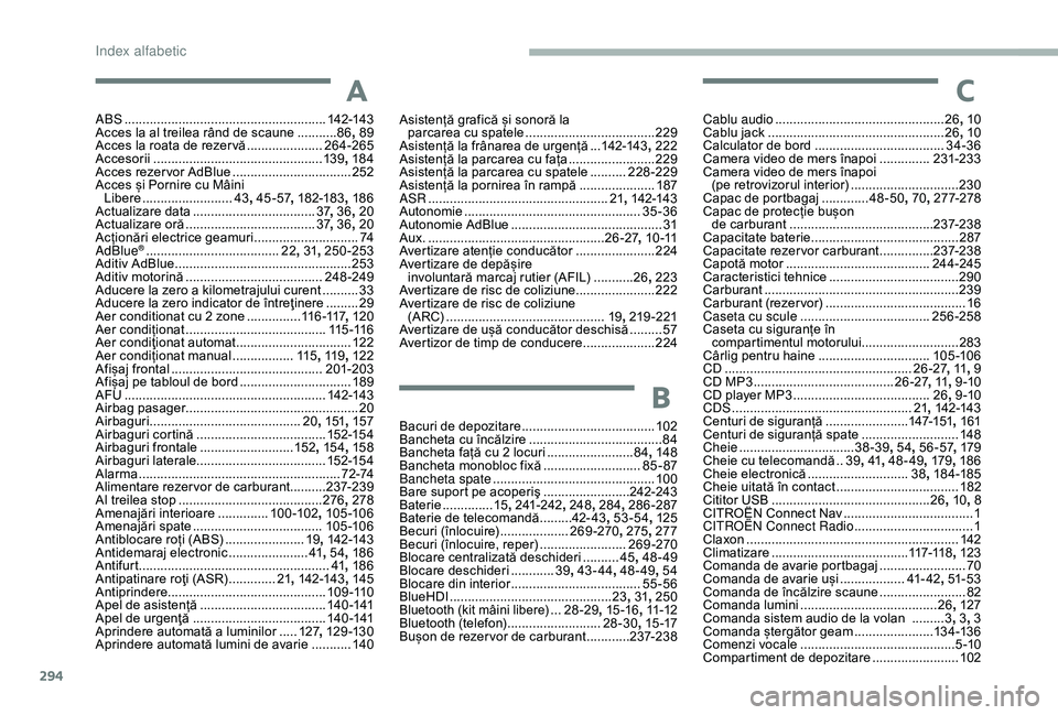 CITROEN JUMPER SPACETOURER 2018 Ghiduri De Utilizare (in Romanian) 294
A
ABS ........................................................142-143
Acces la al treilea rând de scaune ...........86,
89
Acces la roata de rezer vă
.....................26
4-265
Accesorii CITROEN JUMPER SPACETOURER 2018 Ghiduri De Utilizare (in Romanian) 294
A
ABS ........................................................142-143
Acces la al treilea rând de scaune ...........86,
89
Acces la roata de rezer vă
.....................26
4-265
Accesorii