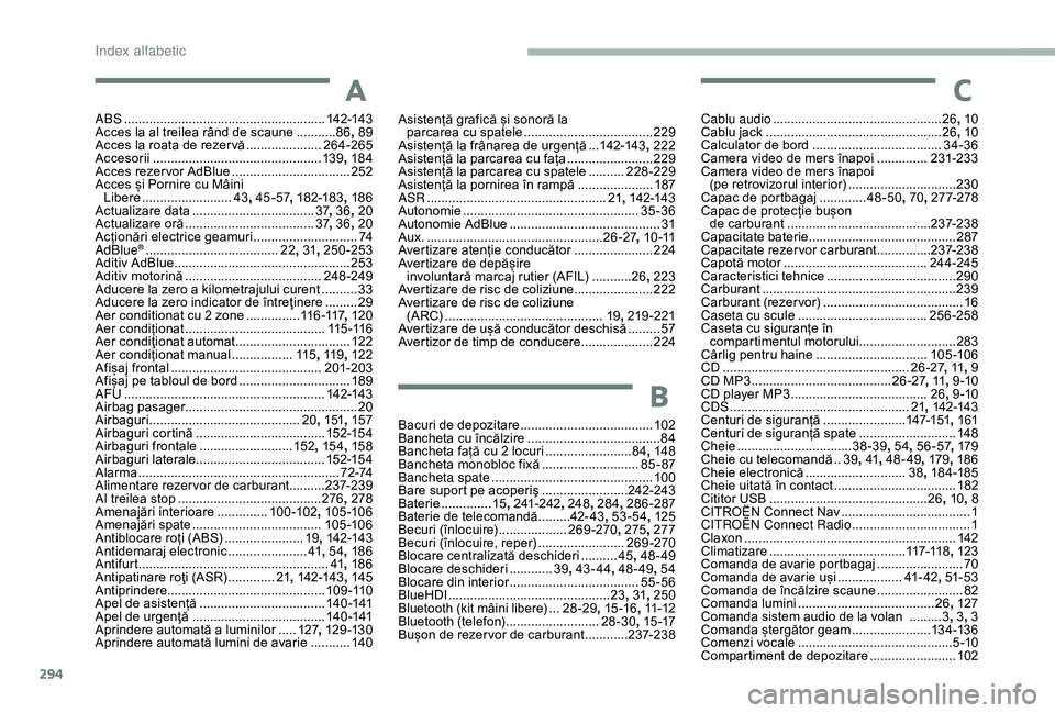 CITROEN JUMPER SPACETOURER 2018  Ghiduri De Utilizare (in Romanian) 294
A
ABS ........................................................142-143
Acces la al treilea rând de scaune  ...........86, 
89
Acces la roata de rezer vă
 
.....................26

4-265
Accesorii