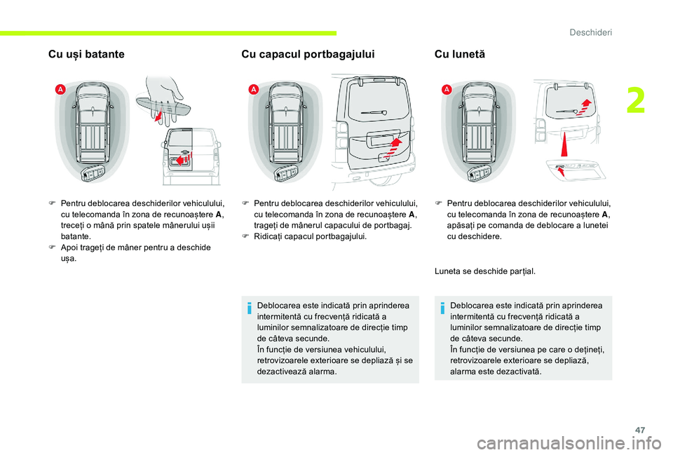 CITROEN JUMPER SPACETOURER 2018 Ghiduri De Utilizare (in Romanian) 47
Cu uși batanteCu capacul portbagajului
Deblocarea este indicată prin aprinderea
intermitentă cu frecvență ridicată a
luminilor semnalizatoare de direcție timp
de câteva secunde.
În func CITROEN JUMPER SPACETOURER 2018 Ghiduri De Utilizare (in Romanian) 47
Cu uși batanteCu capacul portbagajului
Deblocarea este indicată prin aprinderea
intermitentă cu frecvență ridicată a
luminilor semnalizatoare de direcție timp
de câteva secunde.
În func