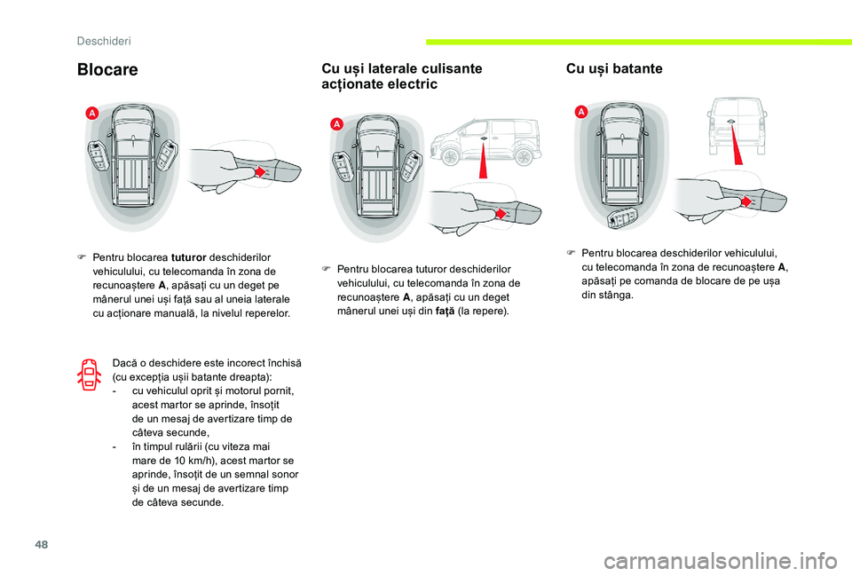 CITROEN JUMPER SPACETOURER 2018 Ghiduri De Utilizare (in Romanian) 48
Blocare
F Pentru blocarea tuturor deschiderilor
vehiculului, cu telecomanda în zona de
recunoaștere A, apăsați cu un deget pe
mânerul unei uși față sau al uneia laterale
cu acționare CITROEN JUMPER SPACETOURER 2018 Ghiduri De Utilizare (in Romanian) 48
Blocare
F Pentru blocarea tuturor deschiderilor
vehiculului, cu telecomanda în zona de
recunoaștere A, apăsați cu un deget pe
mânerul unei uși față sau al uneia laterale
cu acționare