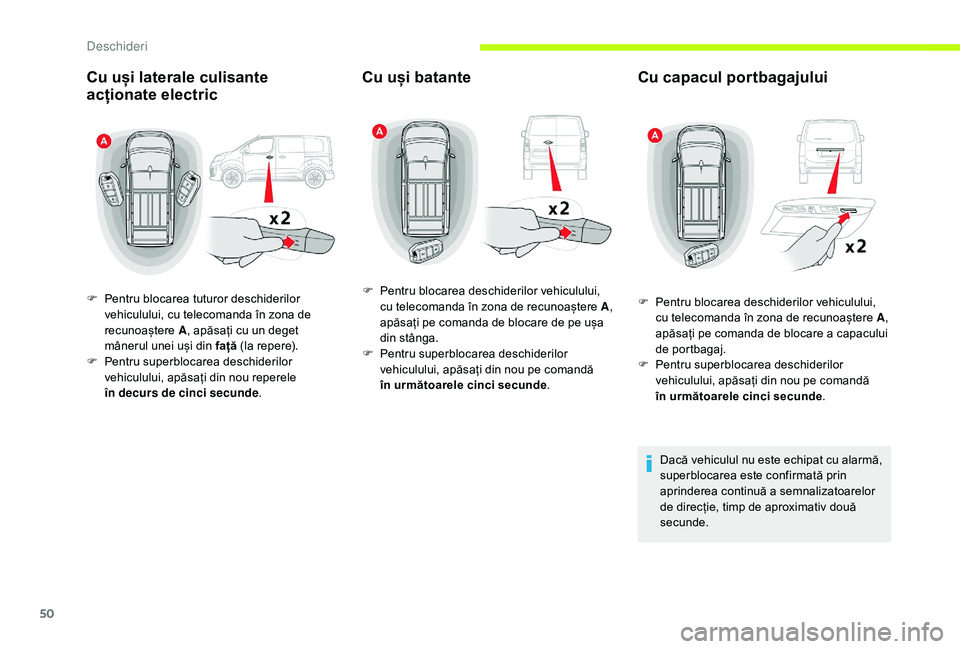 CITROEN JUMPER SPACETOURER 2018 Ghiduri De Utilizare (in Romanian) 50
Cu uși laterale culisante
acționate electric
F Pentru blocarea tuturor deschiderilor vehiculului, cu telecomanda în zona de
recunoaștere A, apăsați cu un deget
mânerul unei uși din faț CITROEN JUMPER SPACETOURER 2018 Ghiduri De Utilizare (in Romanian) 50
Cu uși laterale culisante
acționate electric
F Pentru blocarea tuturor deschiderilor vehiculului, cu telecomanda în zona de
recunoaștere A, apăsați cu un deget
mânerul unei uși din faț