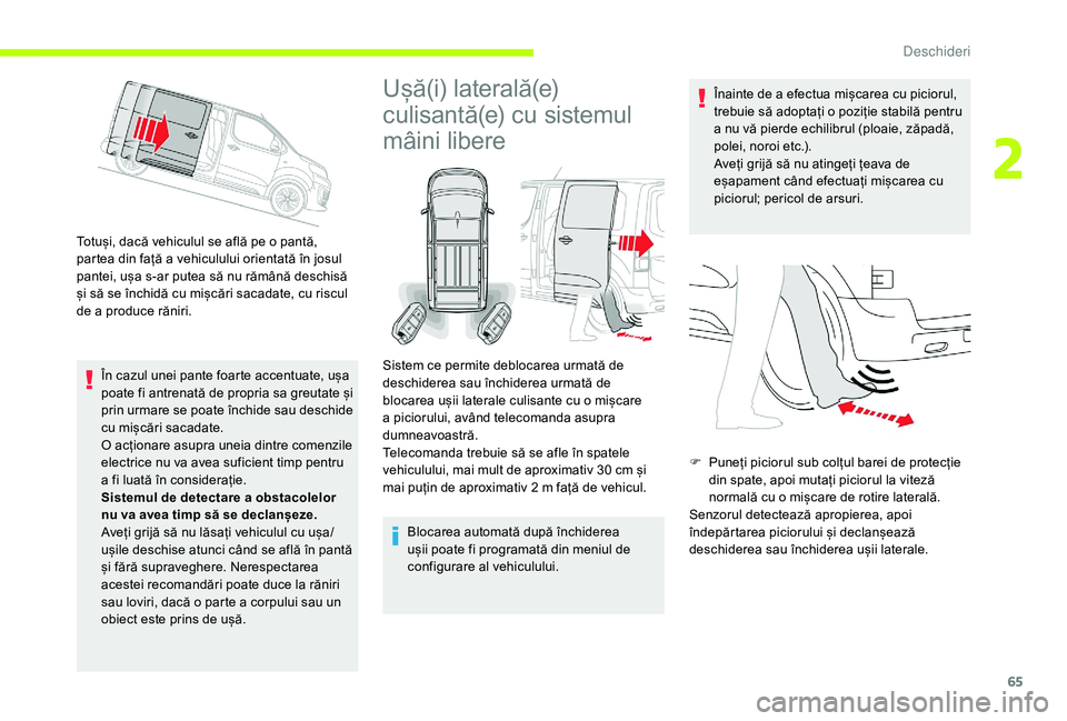 CITROEN JUMPER SPACETOURER 2018 Ghiduri De Utilizare (in Romanian) 65
Totuși, dacă vehiculul se află pe o pantă,
partea din față a vehiculului orientată în josul
pantei, ușa s-ar putea să nu rămână deschisă
și să se închidă cu mișcări sacadate, CITROEN JUMPER SPACETOURER 2018 Ghiduri De Utilizare (in Romanian) 65
Totuși, dacă vehiculul se află pe o pantă,
partea din față a vehiculului orientată în josul
pantei, ușa s-ar putea să nu rămână deschisă
și să se închidă cu mișcări sacadate,