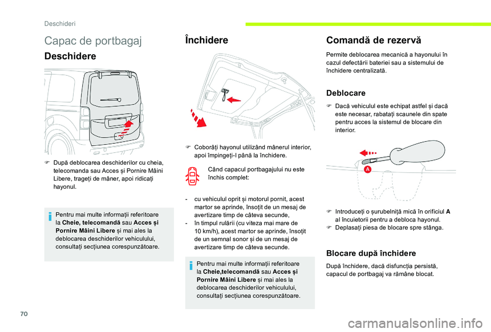 CITROEN JUMPER SPACETOURER 2018 Ghiduri De Utilizare (in Romanian) 70
Capac de portbagaj
Deschidere
Pentru mai multe informații referitoare
la Cheie, telecomandă sau Acces și
Pornire Mâini Libere și mai ales la
deblocarea deschiderilor vehiculului,
consulta CITROEN JUMPER SPACETOURER 2018 Ghiduri De Utilizare (in Romanian) 70
Capac de portbagaj
Deschidere
Pentru mai multe informații referitoare
la Cheie, telecomandă sau Acces și
Pornire Mâini Libere și mai ales la
deblocarea deschiderilor vehiculului,
consulta