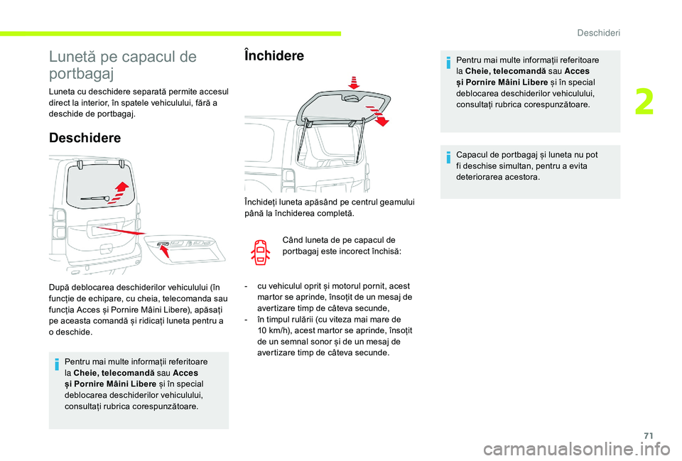CITROEN JUMPER SPACETOURER 2018 Ghiduri De Utilizare (in Romanian) 71
Lunetă pe capacul de
portbagaj
Luneta cu deschidere separată permite accesul
direct la interior, în spatele vehiculului, fără a
deschide de portbagaj.
Deschidere
Pentru mai multe informați CITROEN JUMPER SPACETOURER 2018 Ghiduri De Utilizare (in Romanian) 71
Lunetă pe capacul de
portbagaj
Luneta cu deschidere separată permite accesul
direct la interior, în spatele vehiculului, fără a
deschide de portbagaj.
Deschidere
Pentru mai multe informați