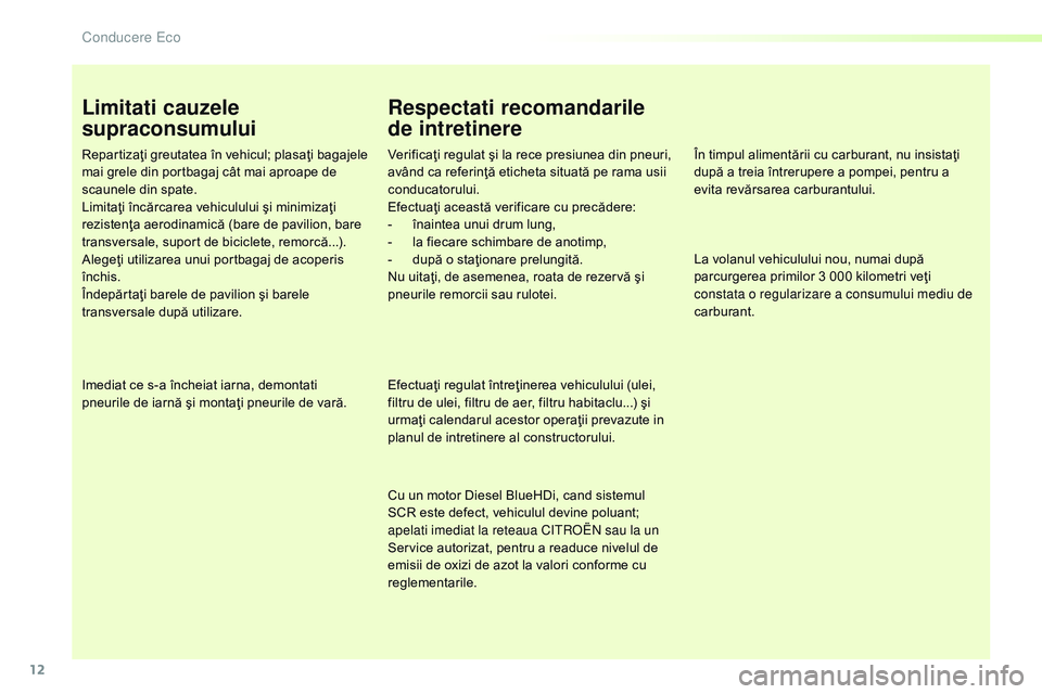CITROEN JUMPER SPACETOURER 2017 Ghiduri De Utilizare (in Romanian) 12
Spacetourer-VP_ro_Chap00c_eco-conduite_ed01-2016
Limitati cauzele
supraconsumului
Repartizaţi greutatea în vehicul; plasaţi bagajele
mai grele din portbagaj cât mai aproape de
scaunele din s CITROEN JUMPER SPACETOURER 2017 Ghiduri De Utilizare (in Romanian) 12
Spacetourer-VP_ro_Chap00c_eco-conduite_ed01-2016
Limitati cauzele
supraconsumului
Repartizaţi greutatea în vehicul; plasaţi bagajele
mai grele din portbagaj cât mai aproape de
scaunele din s