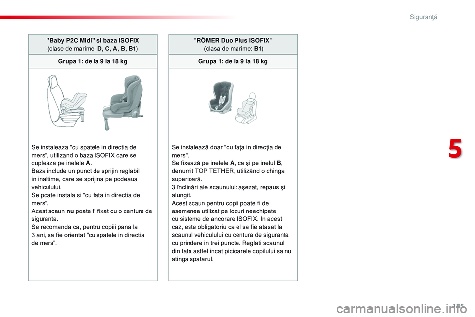 CITROEN JUMPER SPACETOURER 2017 Ghiduri De Utilizare (in Romanian) 185
Spacetourer-VP_ro_Chap05_securite_ed01-2016
"Baby P2C Midi" si baza ISOFIX
(clase de marime: D, C, A, B, B1 )
Grupa 1: de la 9 la 18 kg
Se instaleaza "cu spatele in directia de
mers CITROEN JUMPER SPACETOURER 2017 Ghiduri De Utilizare (in Romanian) 185
Spacetourer-VP_ro_Chap05_securite_ed01-2016
"Baby P2C Midi" si baza ISOFIX
(clase de marime: D, C, A, B, B1 )
Grupa 1: de la 9 la 18 kg
Se instaleaza "cu spatele in directia de
mers